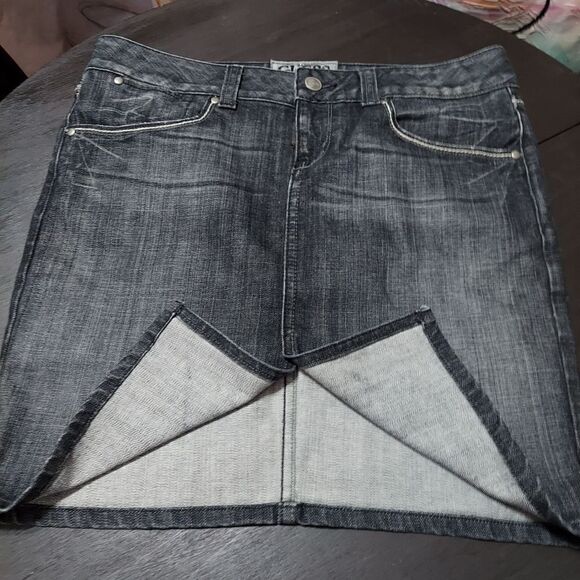Guess denim skirt size 31 length 18 5". Embroidered logo and embellished rear po - Picture 2 of 8